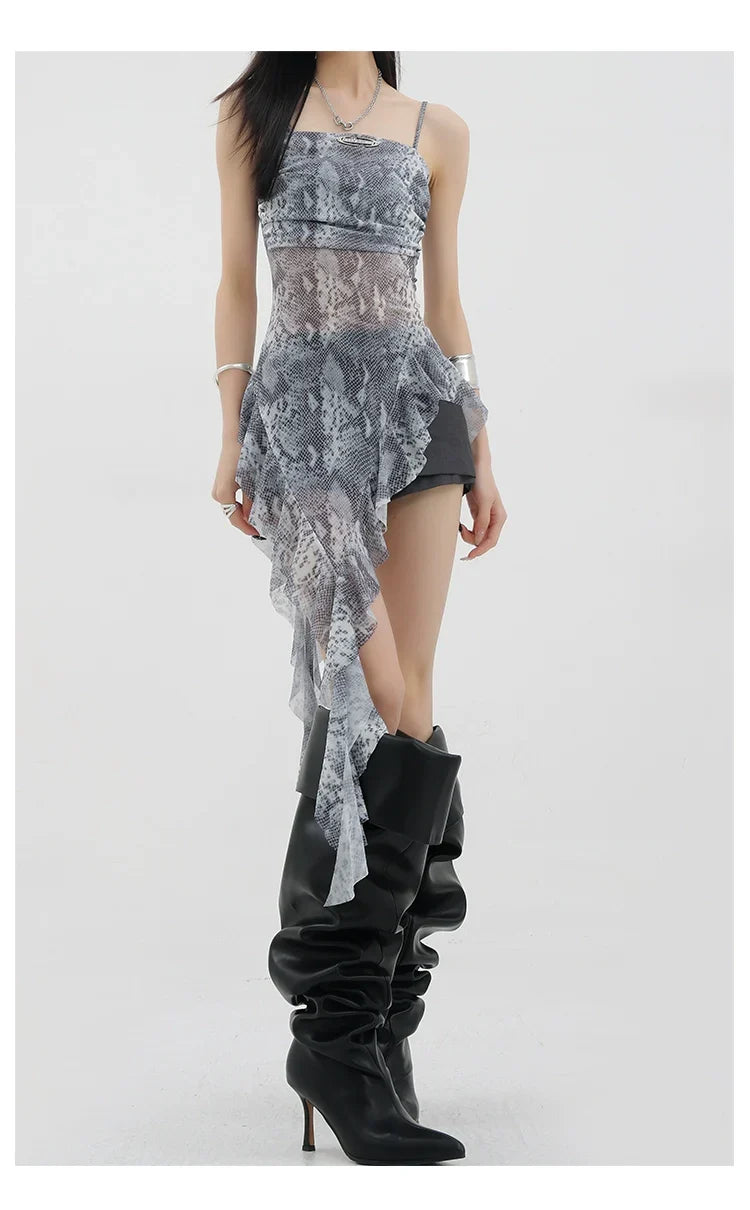 Black Asymmetric Ribbon Strap Tank Top With Ruffle Edge Design