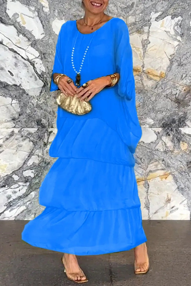 Blue Round Neck Dolman Sleeve Tiered Ruffle Layered Maxi Dress