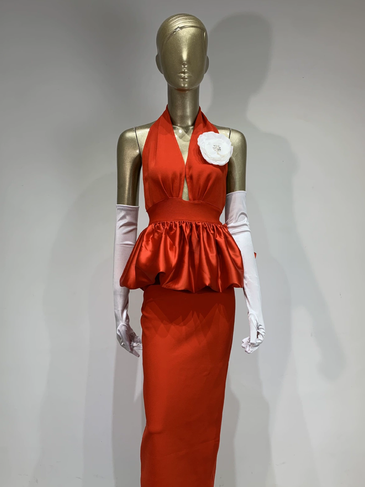 Red Halter Plunge Neck Floral Applique Peplum Mermaid Maxi Gown
