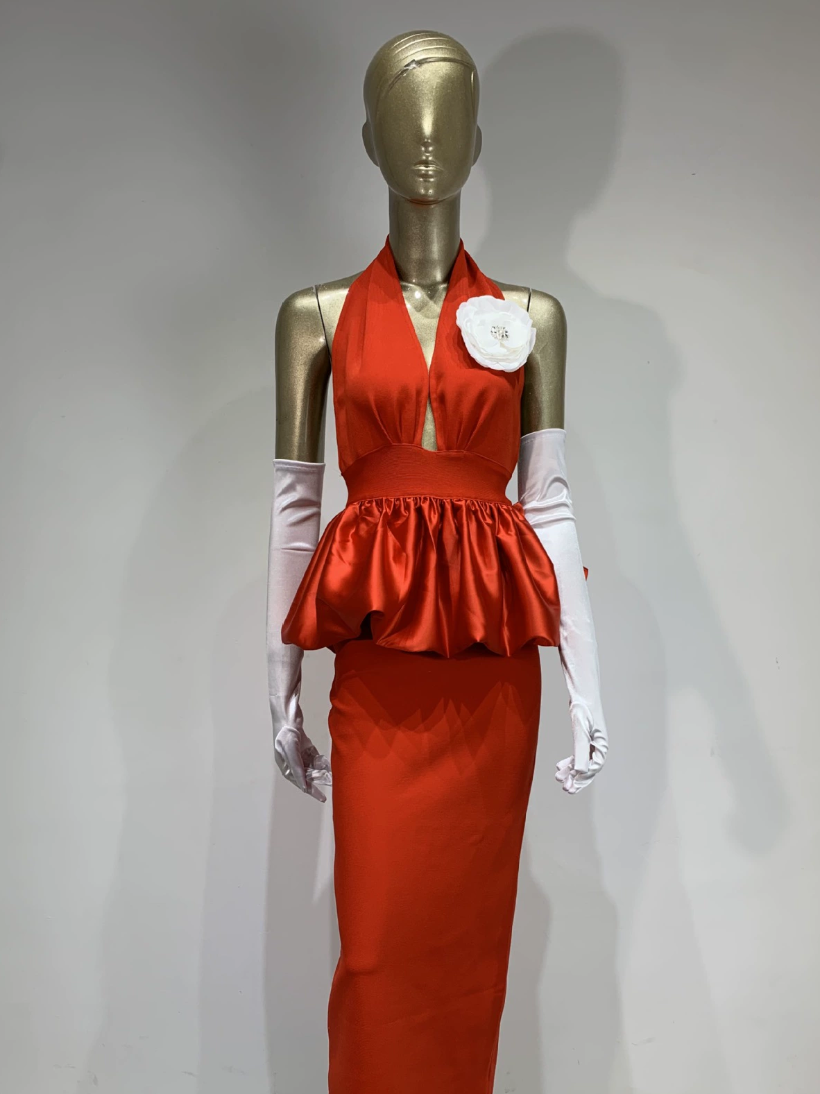 Red Halter Plunge Neck Floral Applique Peplum Mermaid Maxi Gown