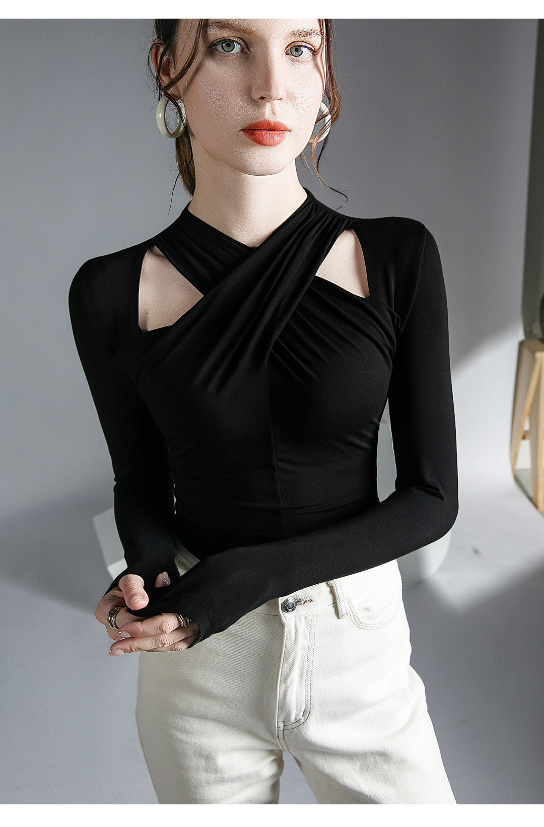 Twisted Front Detail Long Sleeve Knit Top