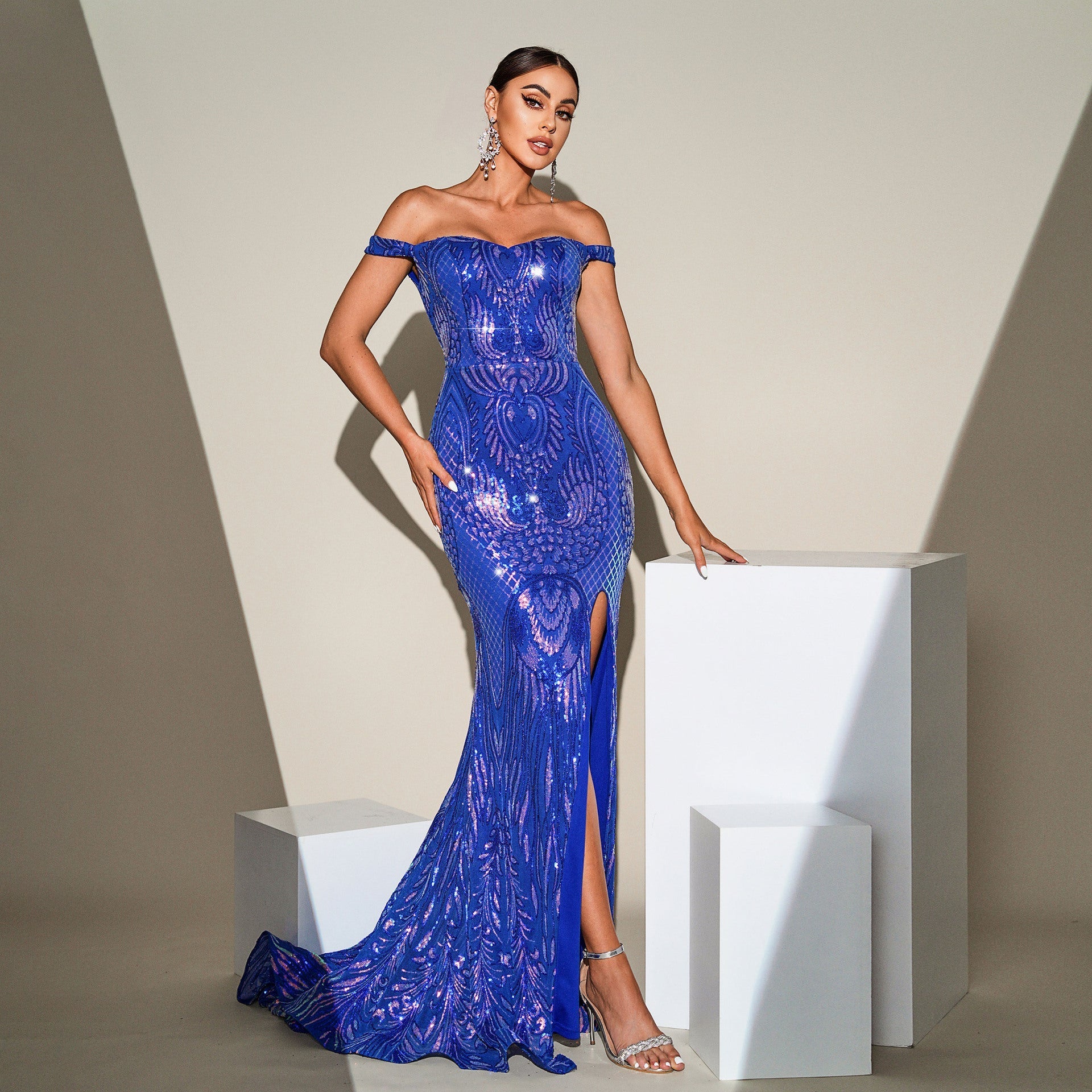Boat Neck Sequined Slit Evening Gown Dress