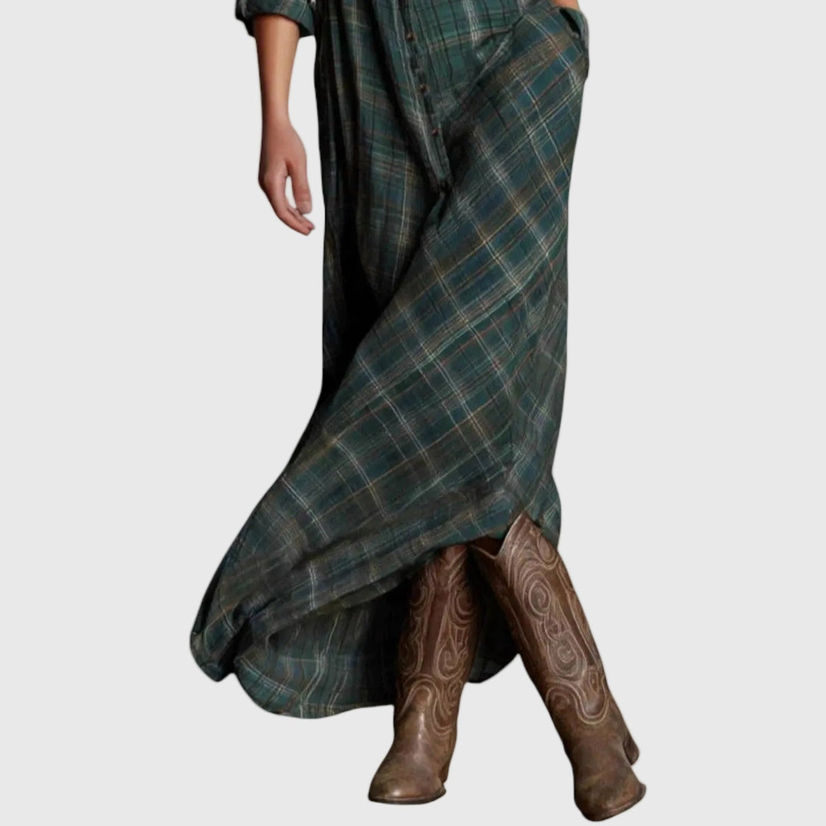 Collared Button Front Long Sleeve Plaid Flannel Maxi Shirt Dress