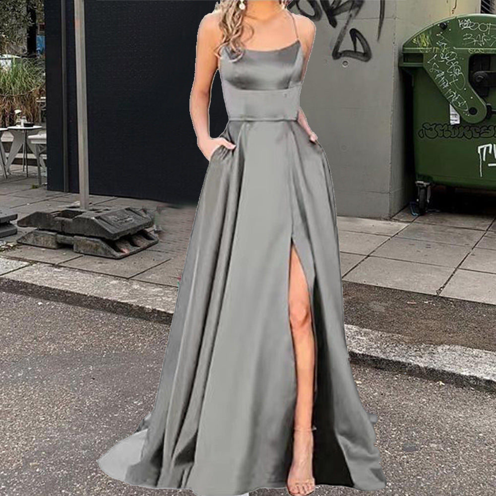 Spaghetti Strap Scoop Neck Satin High Slit A-Line Maxi Gown