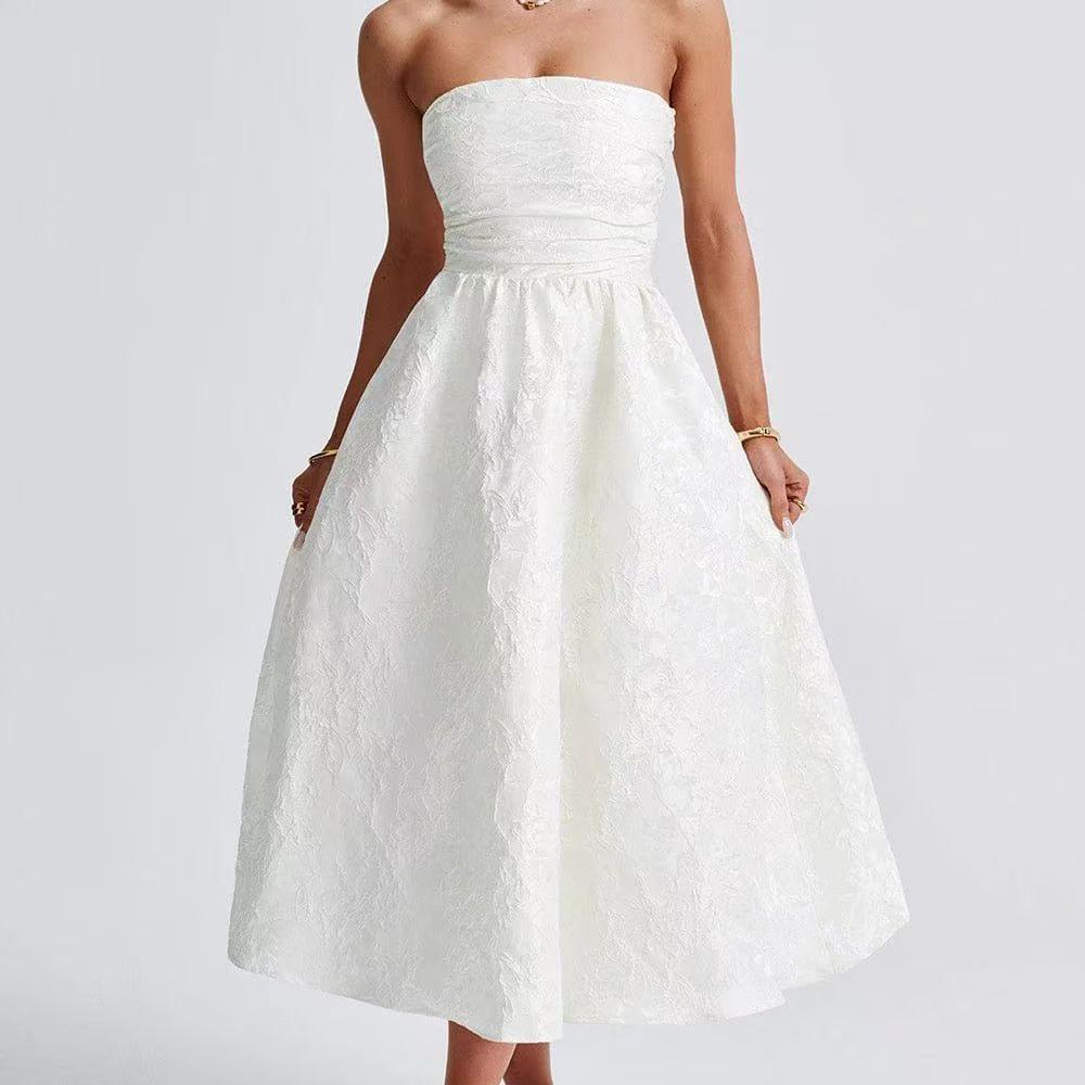 Strapless Jacquard Ruched Waist A-Line Midi Dress