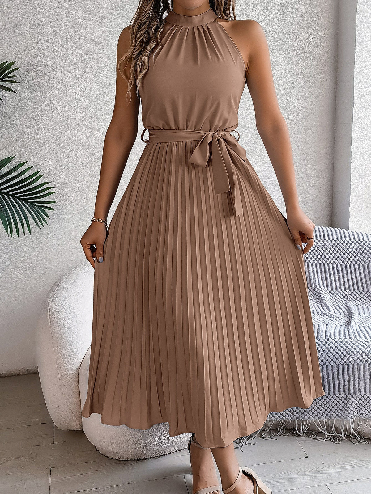 Halter Neck Sleeveless Belted Pleated A-Line Midi Dress