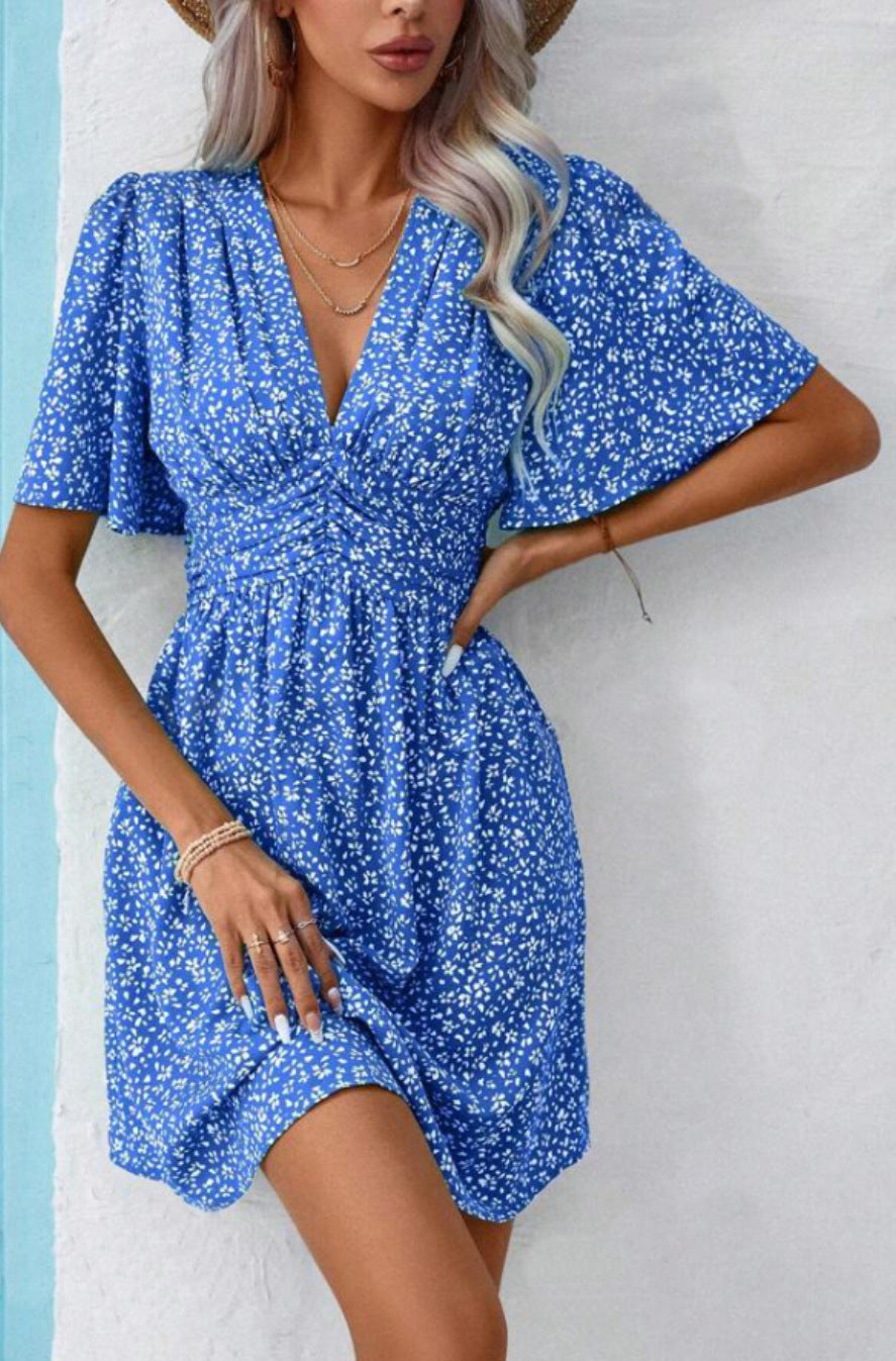 Vania Minimalist Women's Floral Dress with Chic V Neck and Voluminous Sleeves Boutique Collection