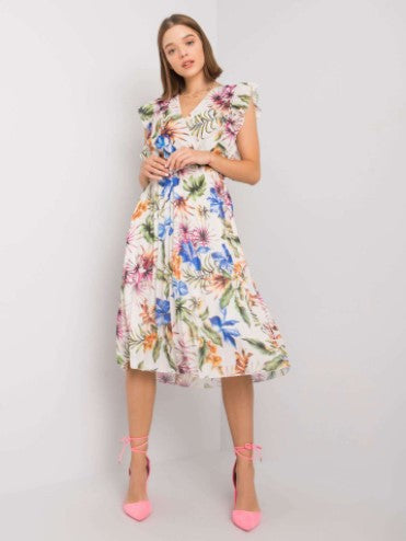Eugenia Statement Women's Floral Ruffle Midi Dress Elevated Occasion Wear