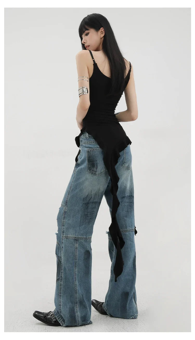 Black Asymmetric Ribbon Strap Tank Top With Ruffle Edge Design