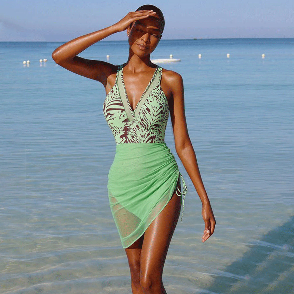 Swimsuit Mesh Stitching One Piece Printed One Piece Swimsuit Women