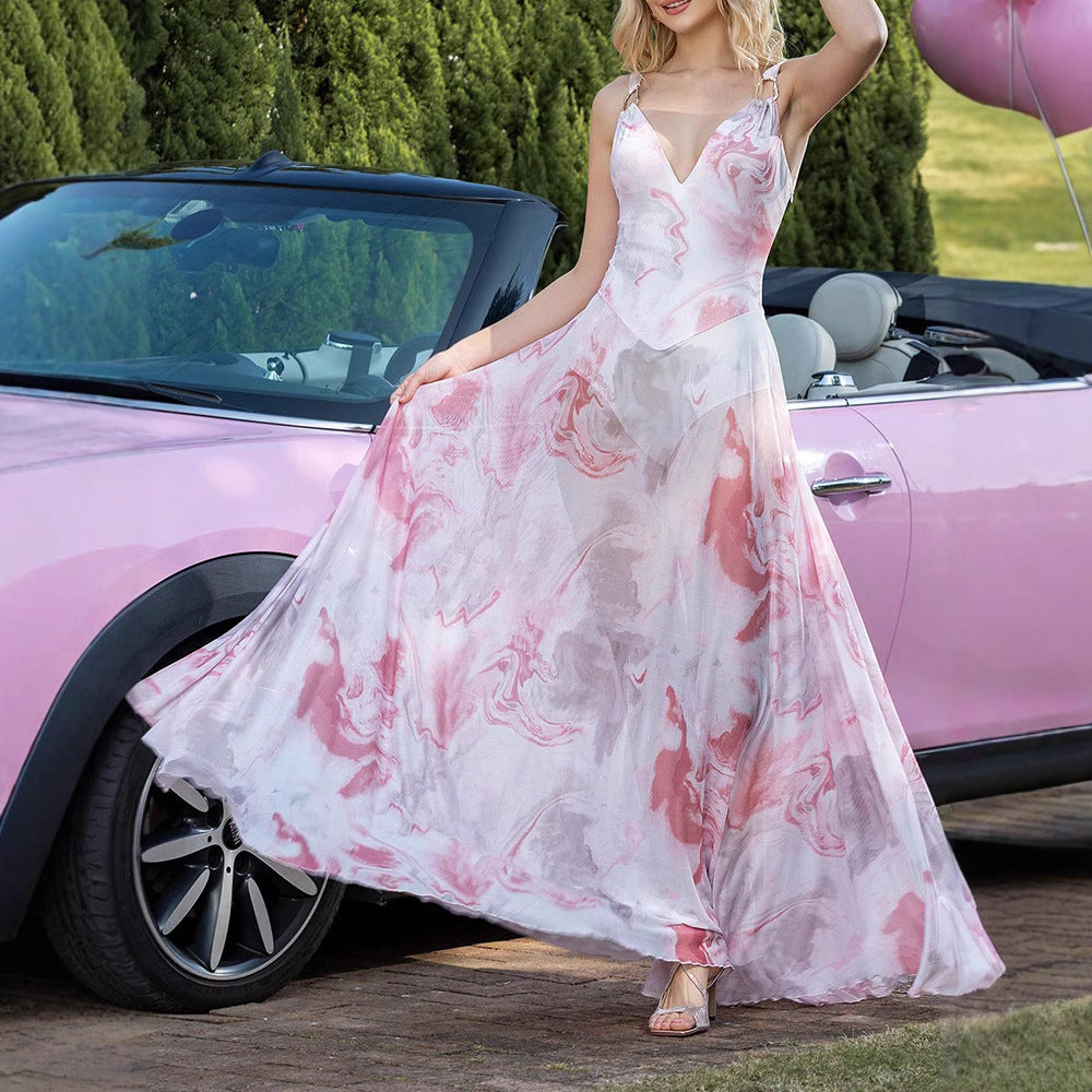 Pink V-Neck O-Ring Strap Marble Print Chiffon A-Line Maxi Dress 3