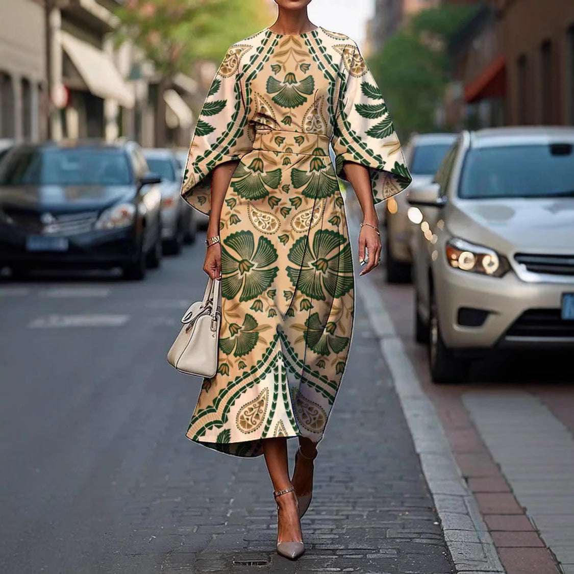 Round Neck Flare Sleeve Abstract Stripe Print A-Line Midi Dress
