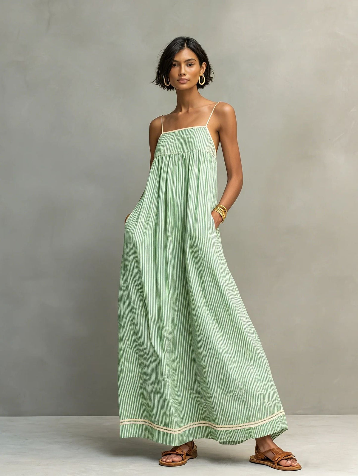 Spaghetti Strap Striped Contrast Trim Flowy A-Line Maxi Dress 2