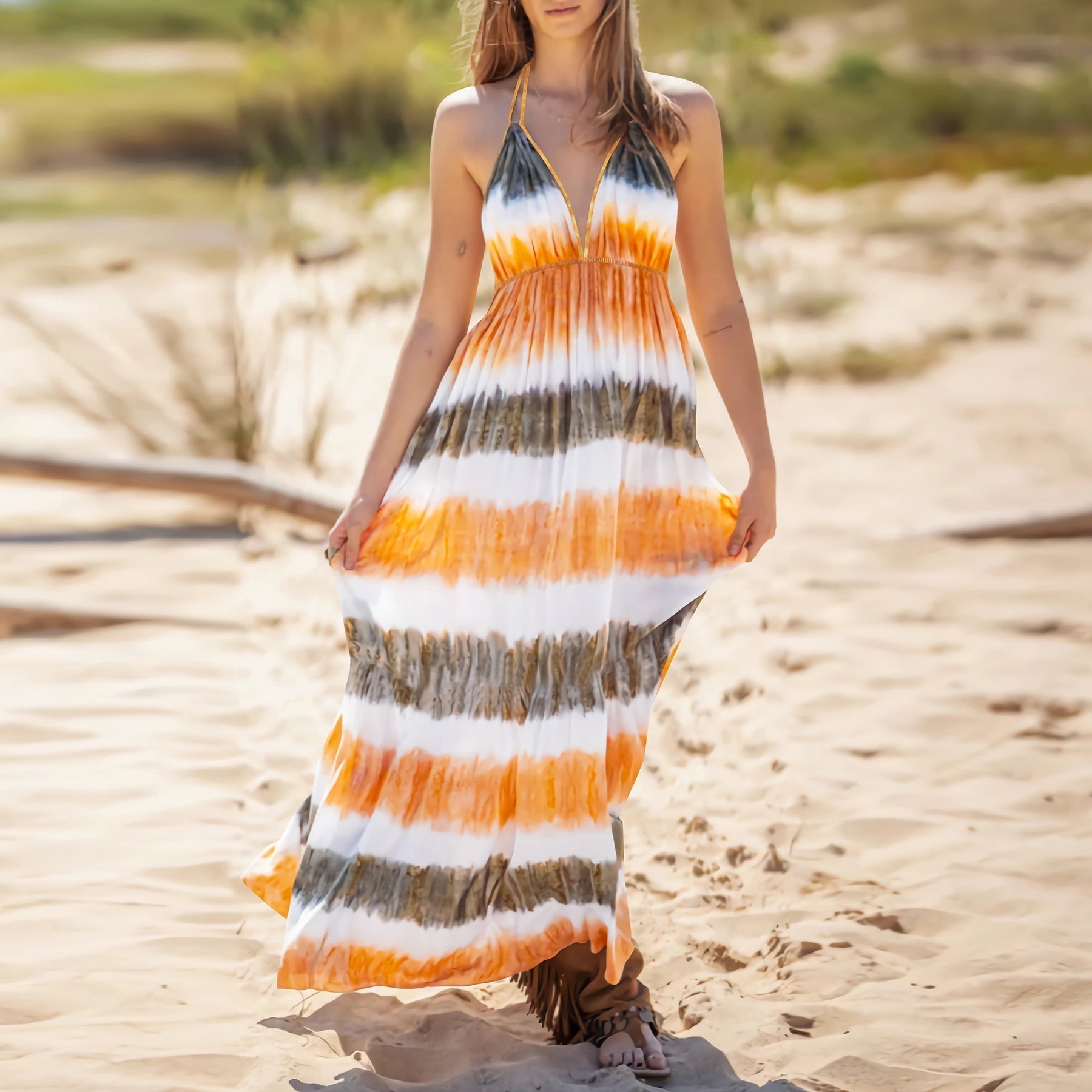 Slim Tie Dye Strap Backless Printed Dress Bohemian Beach Long