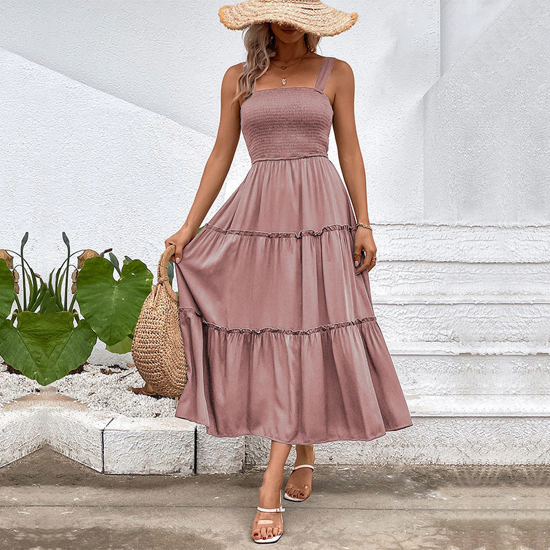 Square Neck Strap Smocked Shirred Tiered A-Line Midi Dress