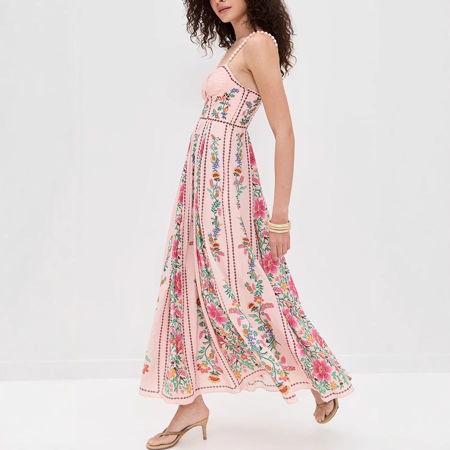 Spaghetti Strap Sweetheart Neck Floral Print Smocked A-Line Maxi Dress
