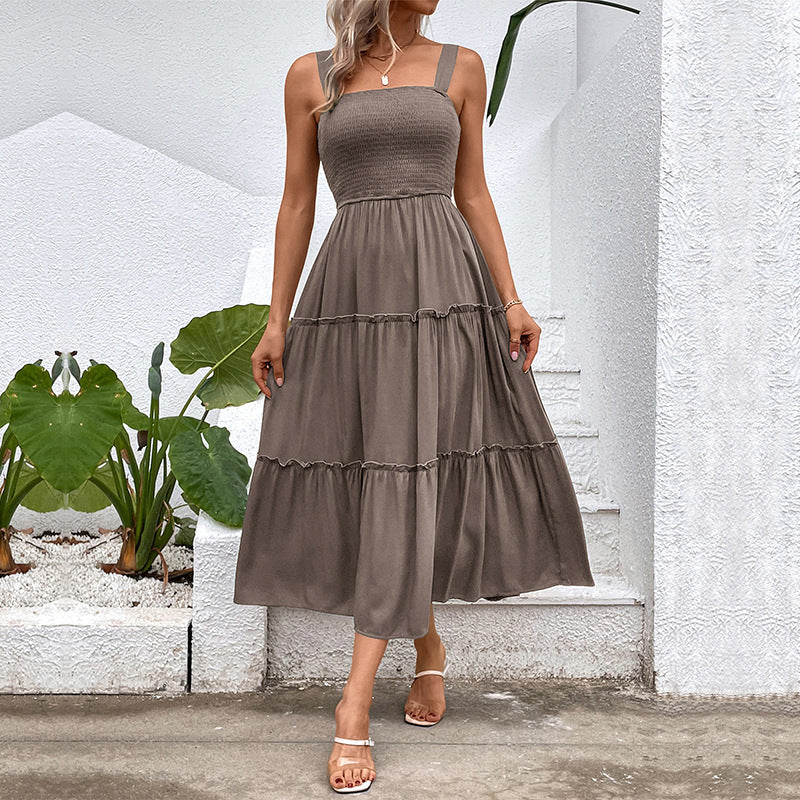 Square Neck Strap Smocked Shirred Tiered A-Line Midi Dress
