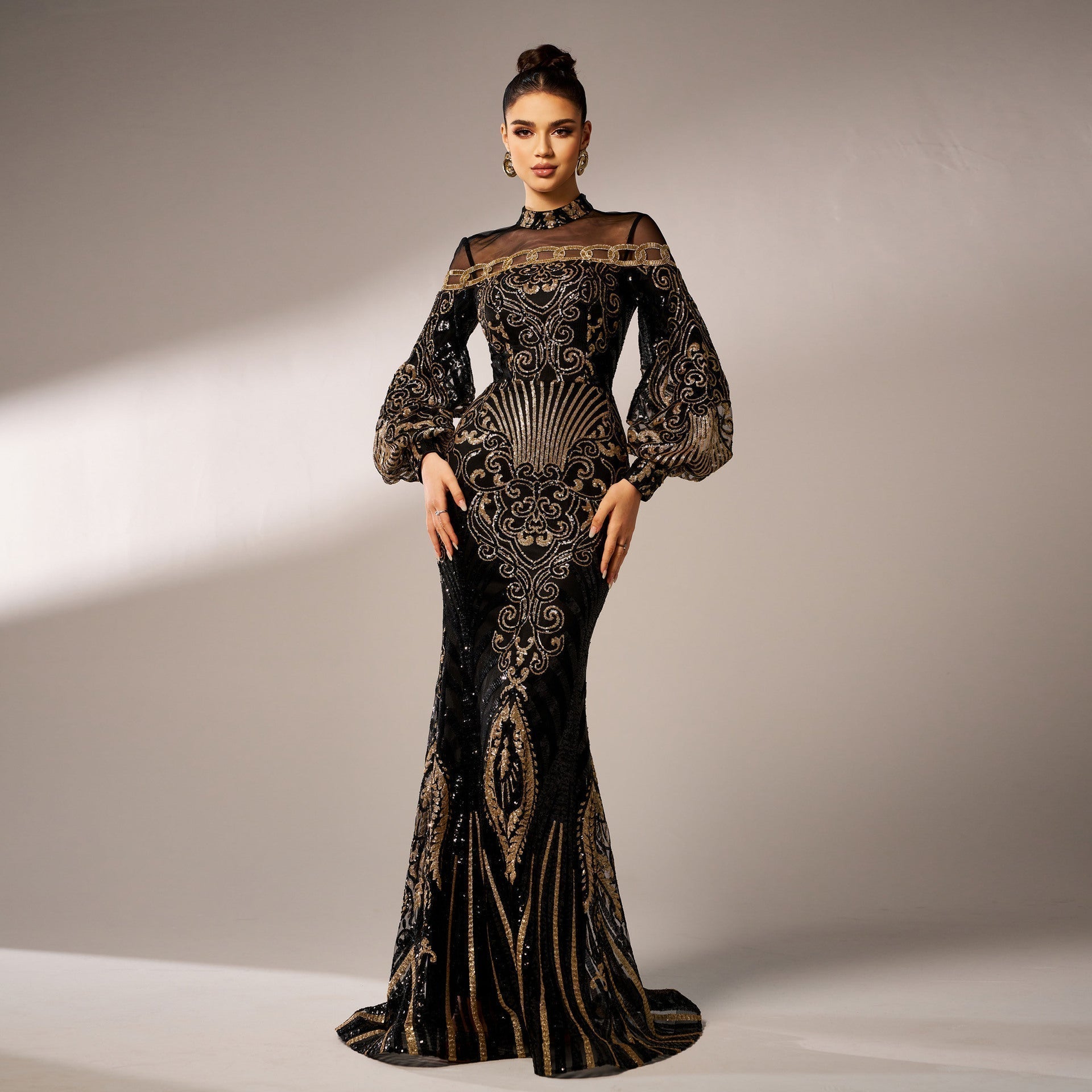Long Sleeve round Neck Long Sequined Cocktail Mesh Fishtail Evening Dress Bridesmaid Dress