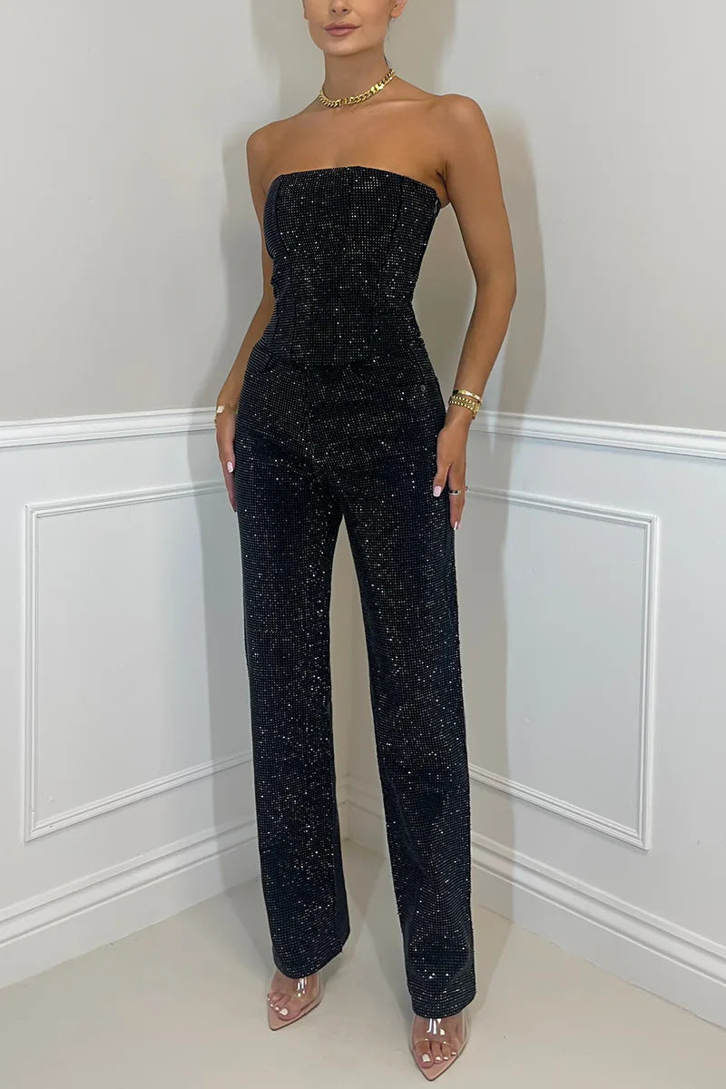 sexy off-shoulder sparkling diamond pants suit