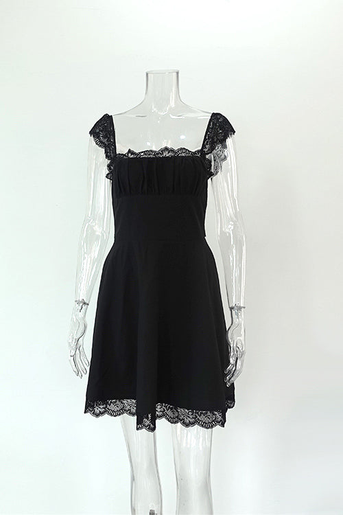 Black Square Neck Lace Cap Sleeve Ruched Fit And Flare Mini Dress