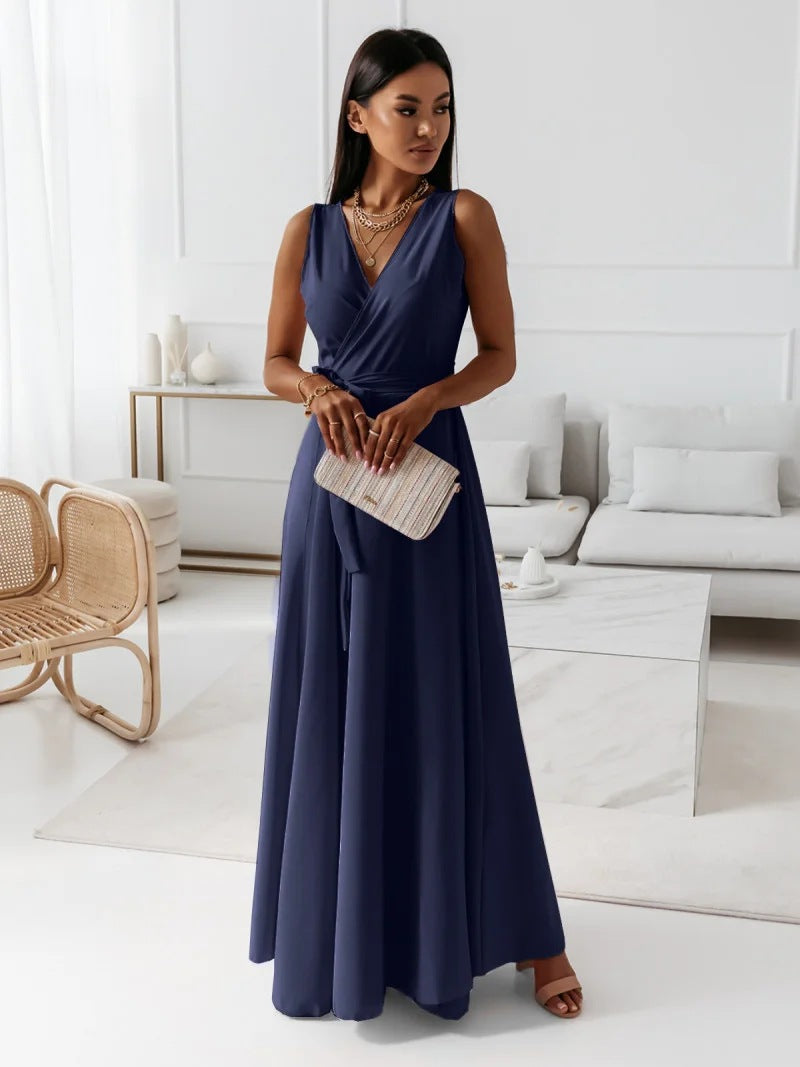 Edvige Timeless Women's Solid Color V Neck Long Dress Elevated Occasion Wear