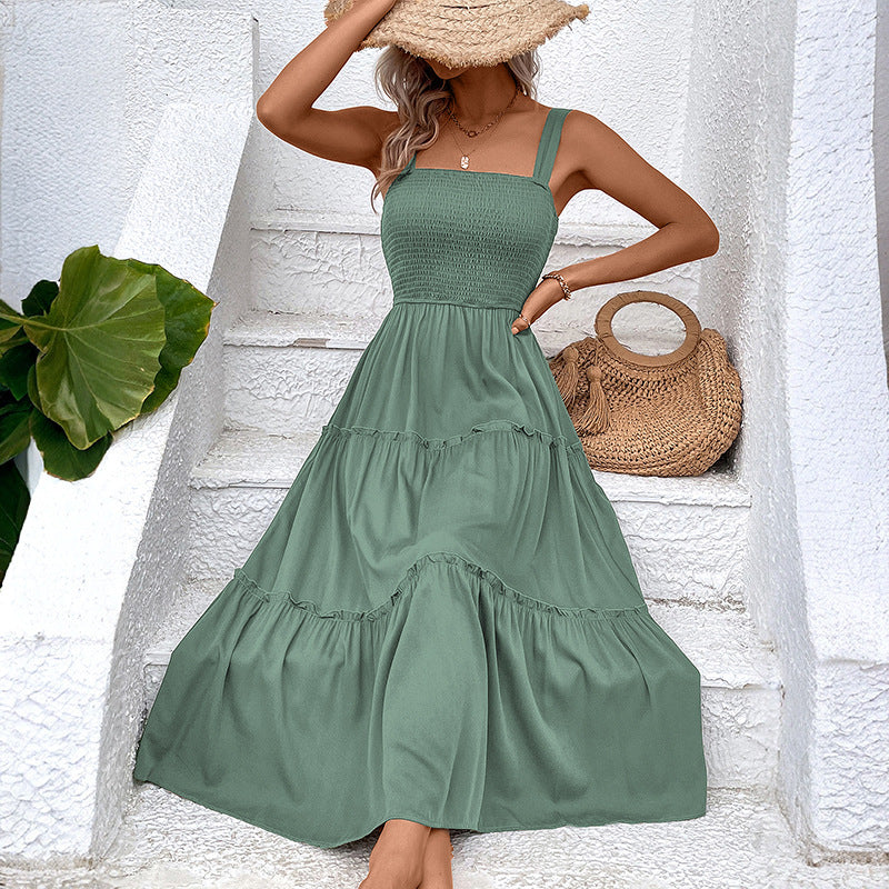 Square Neck Strap Smocked Shirred Tiered A-Line Midi Dress