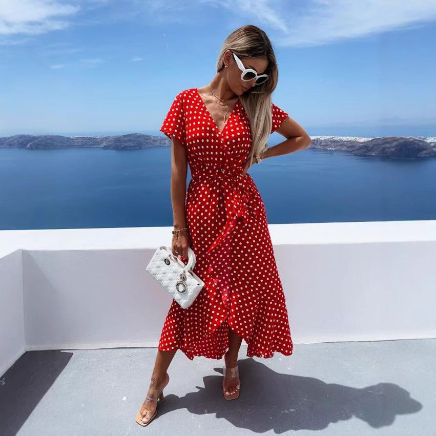 Yolanda Chic Women's Asymmetrical Maxi Dress with Dots and Low Waist Elevated Occasion Wear