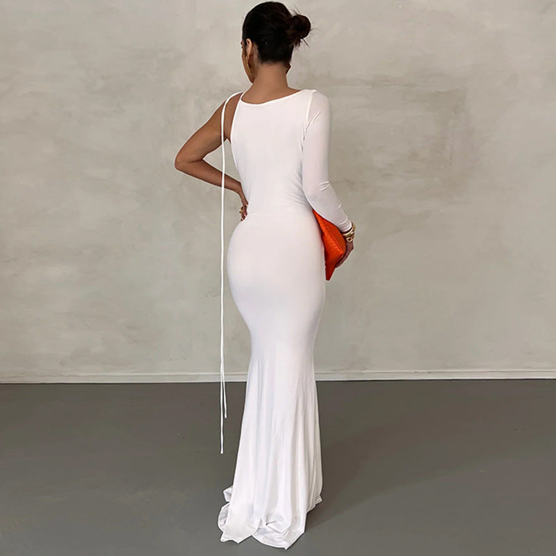 Cowl Neck One Shoulder Backless Draped Mermaid Maxi Dress