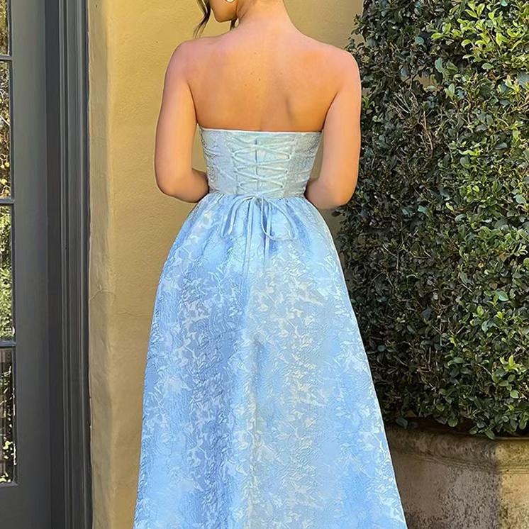 Strapless Jacquard Ruched Waist A-Line Midi Dress