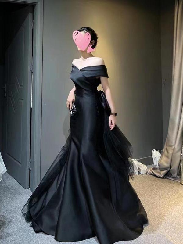 Black Off-Shoulder Satin Tulle Ruffle Mermaid Maxi Gown