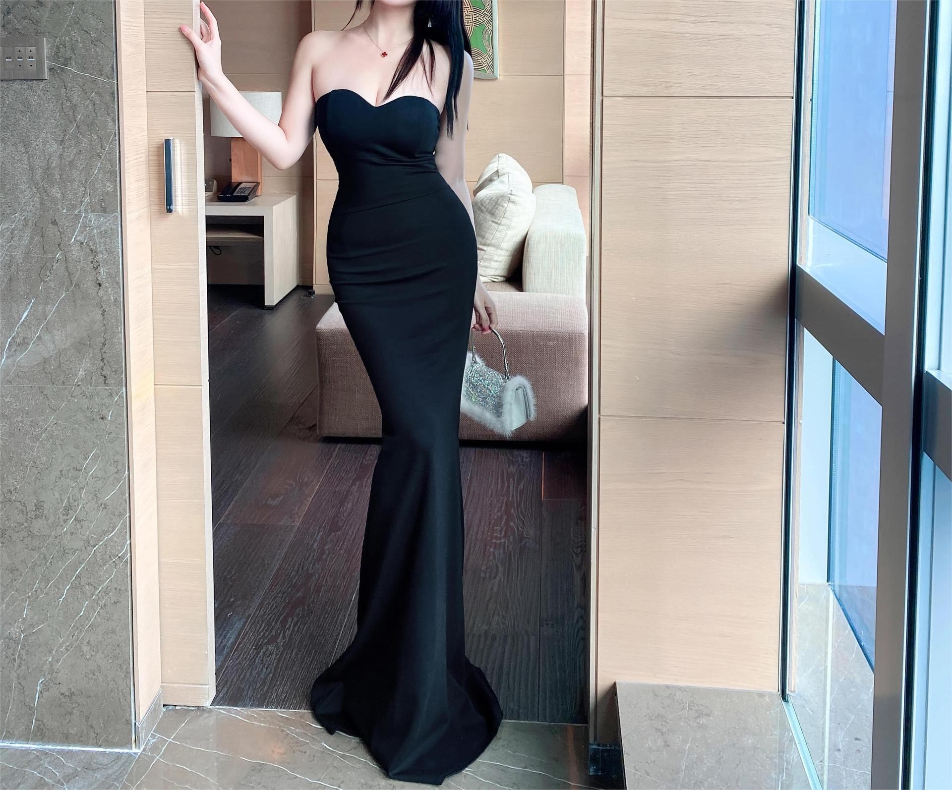 Black Strapless Sweetheart Bustier Mermaid Maxi Gown