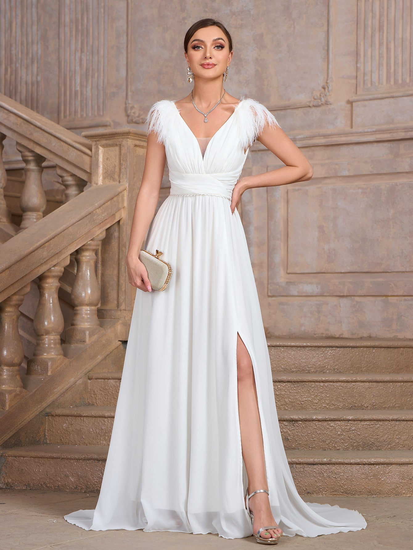 Solid Color V neck Backless Velvet Collar Chiffon Split Elegant Slim Fit Cocktail Evening Dresses