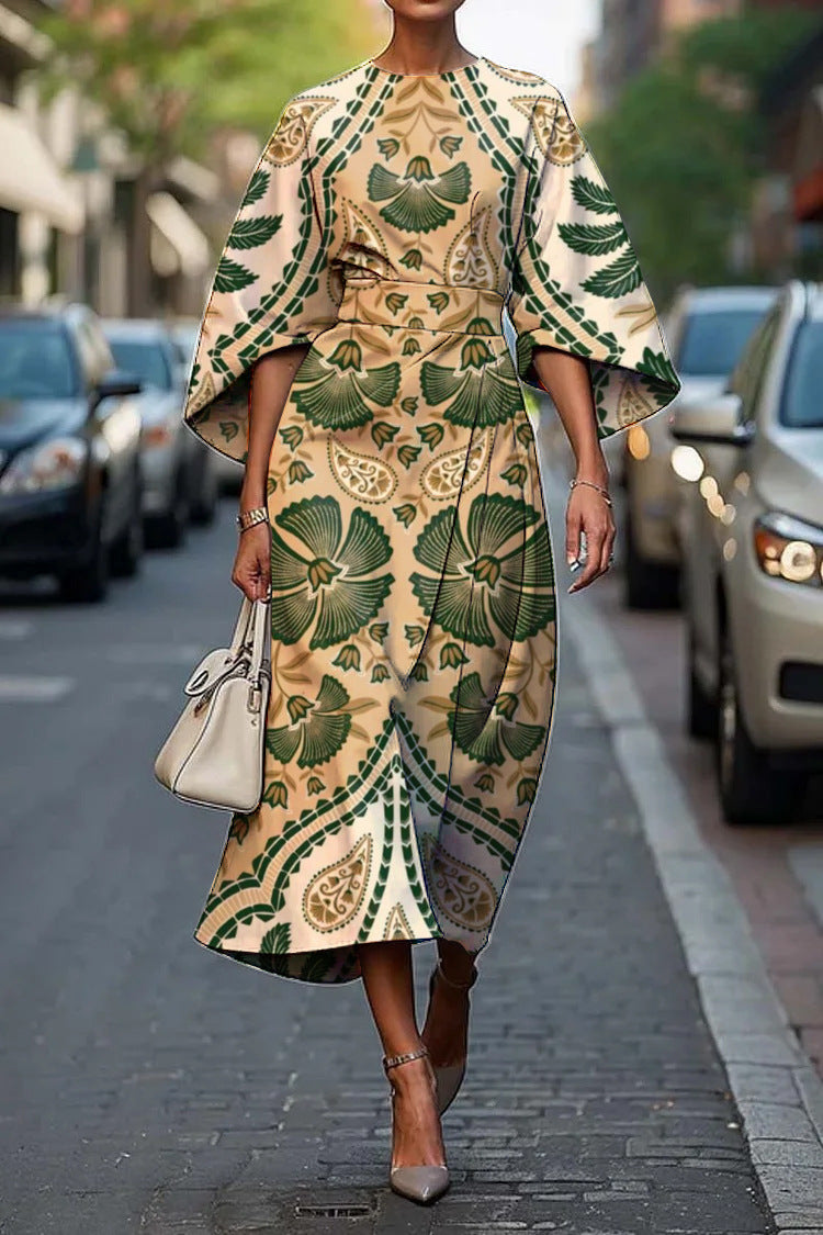 Round Neck Flare Sleeve Abstract Stripe Print A-Line Midi Dress