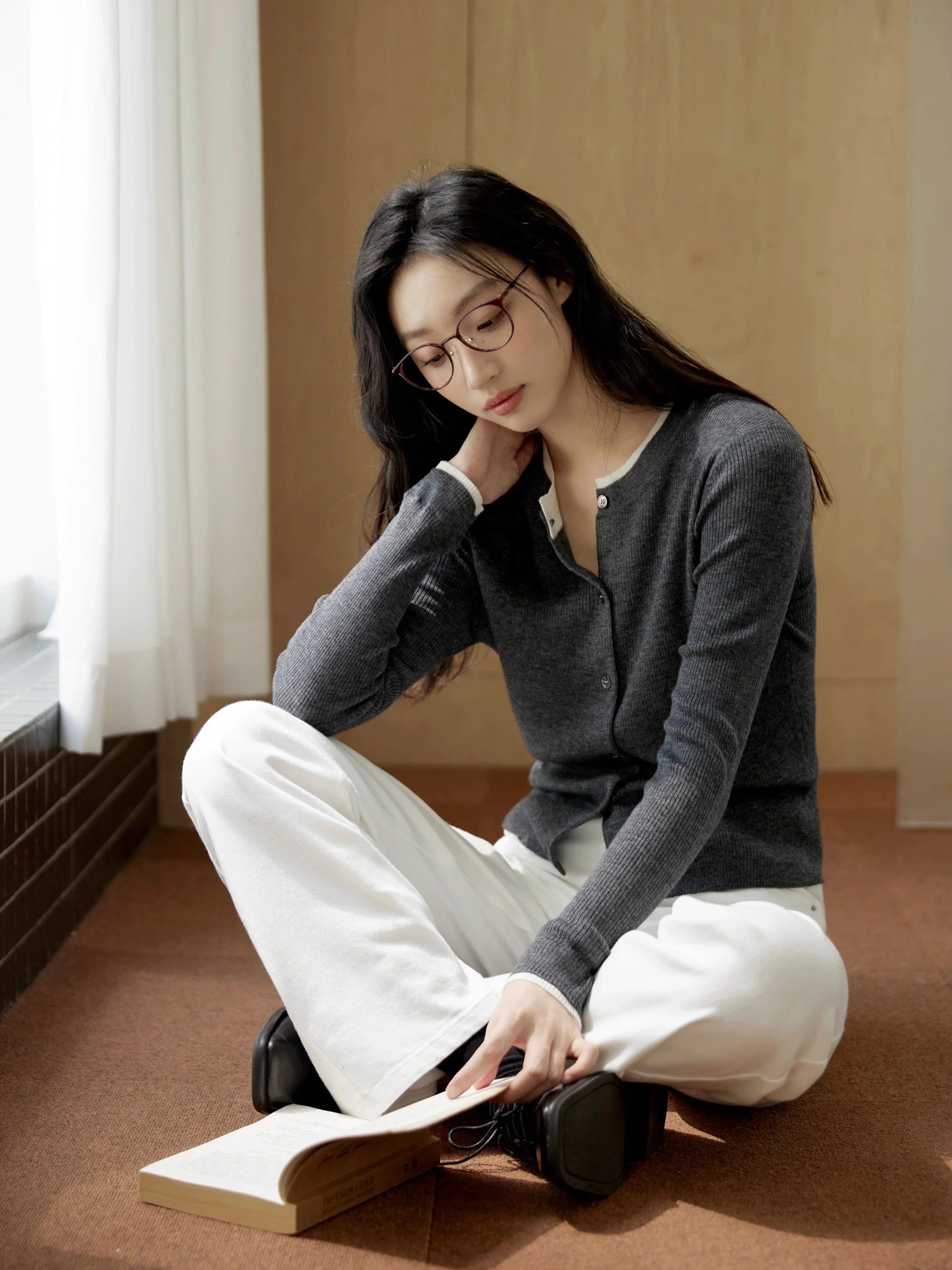 Button-Up Cardigan Sweater with White Inner Layer