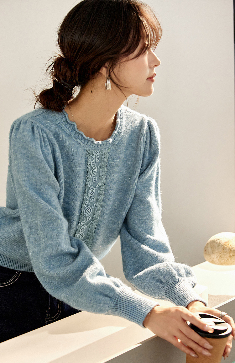Lace Trim Crewneck Knit Sweater �Elegant Commuter Style