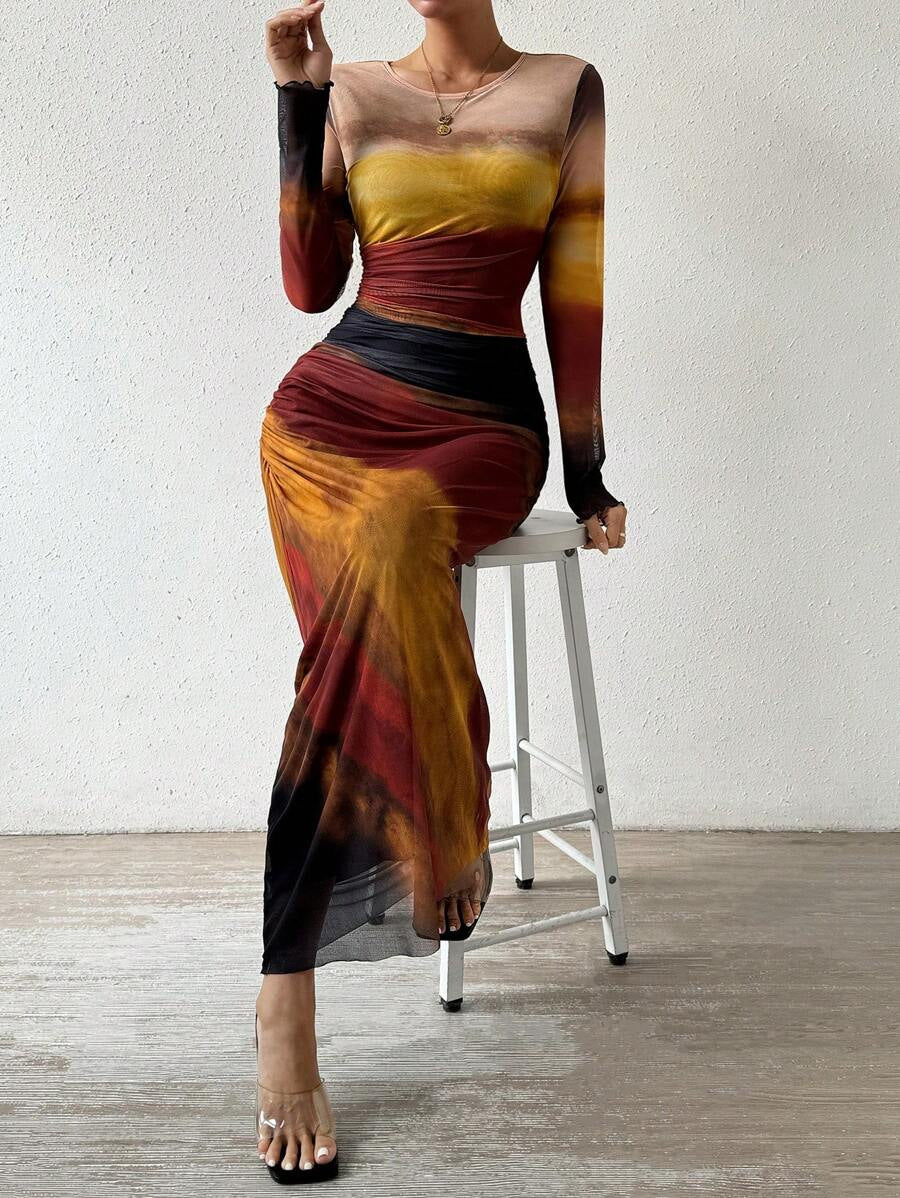 Round Neck Long Sleeve Mesh Tie Dye Ruched Bodycon Maxi Dress 4