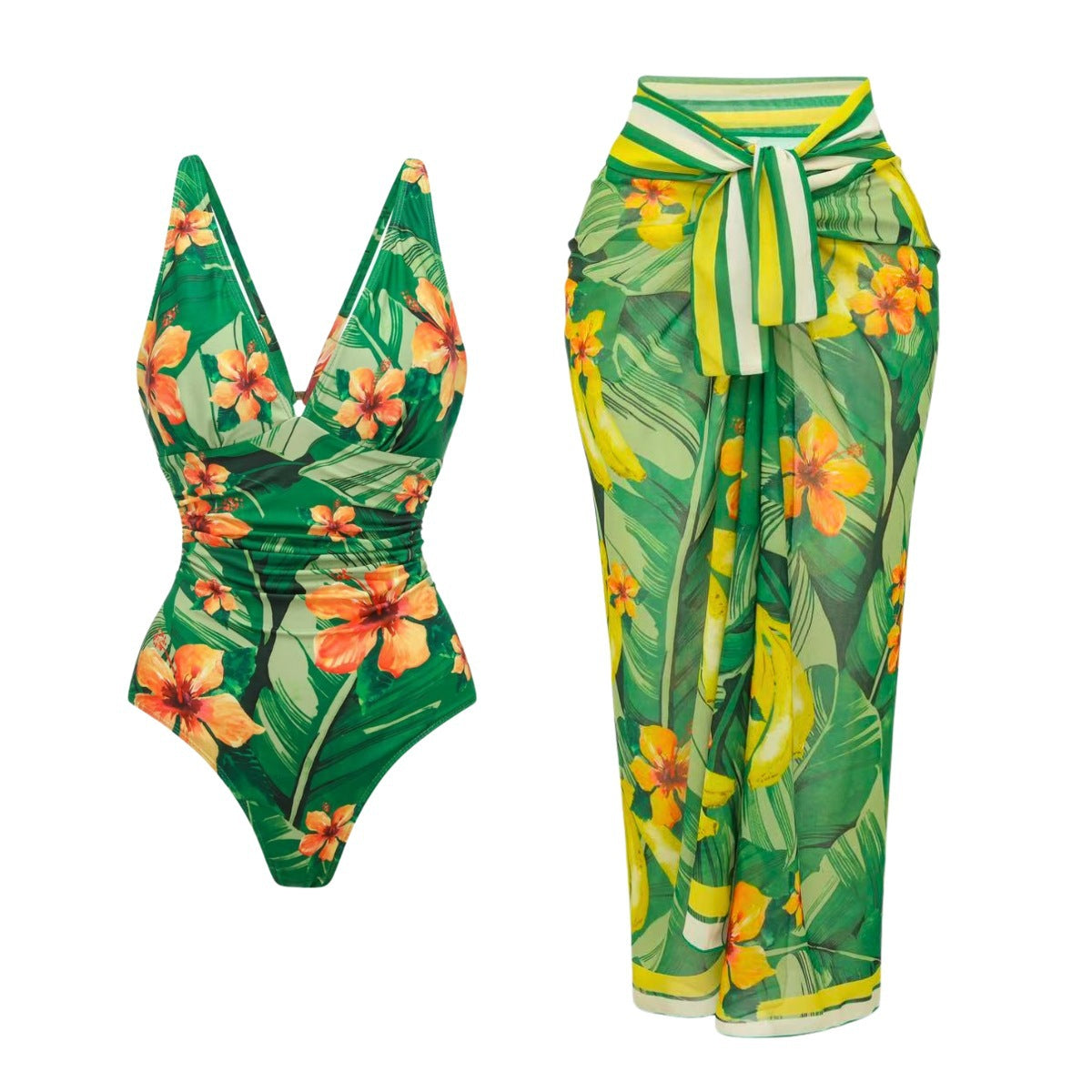 Green Printing Wrap Skirt Suit