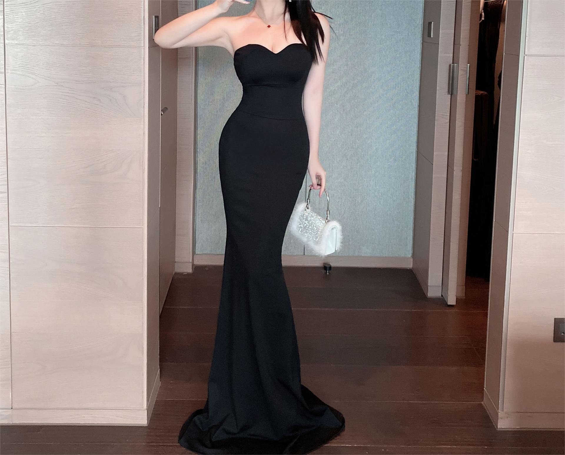 Black Strapless Sweetheart Bustier Mermaid Maxi Gown