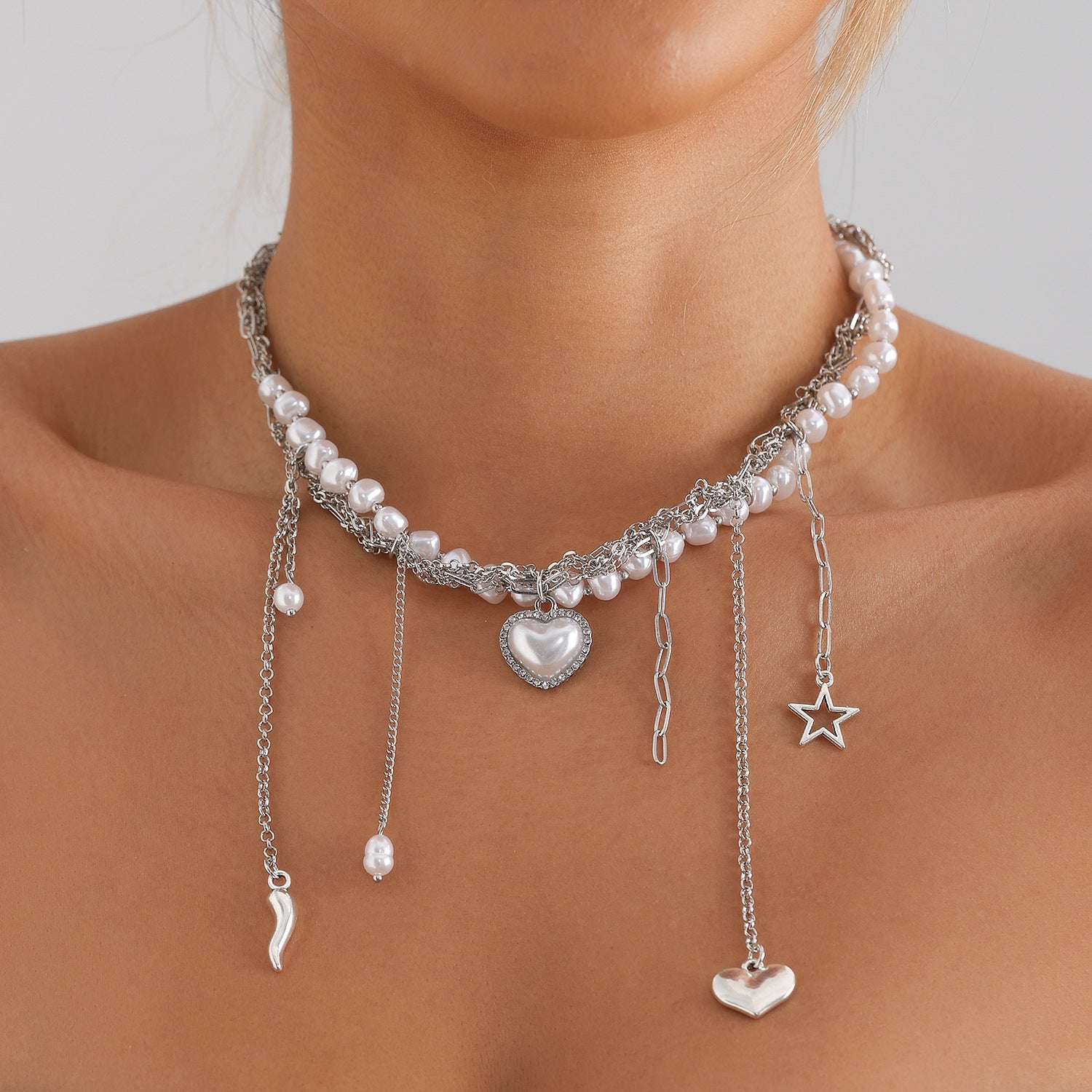 Multilayer Heart Tassel Pearl Star Pendant Necklace
