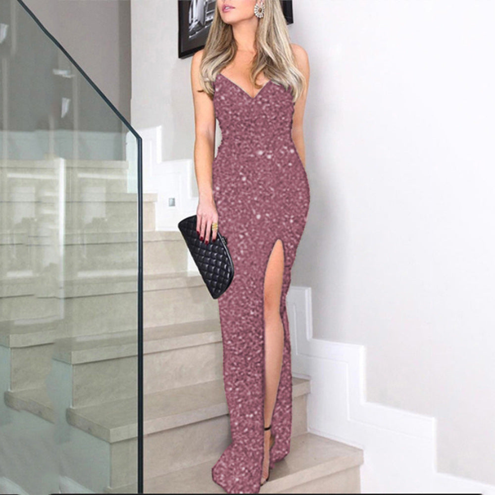 V-Neck Spaghetti Strap Sequin High Slit Bodycon Maxi Dress