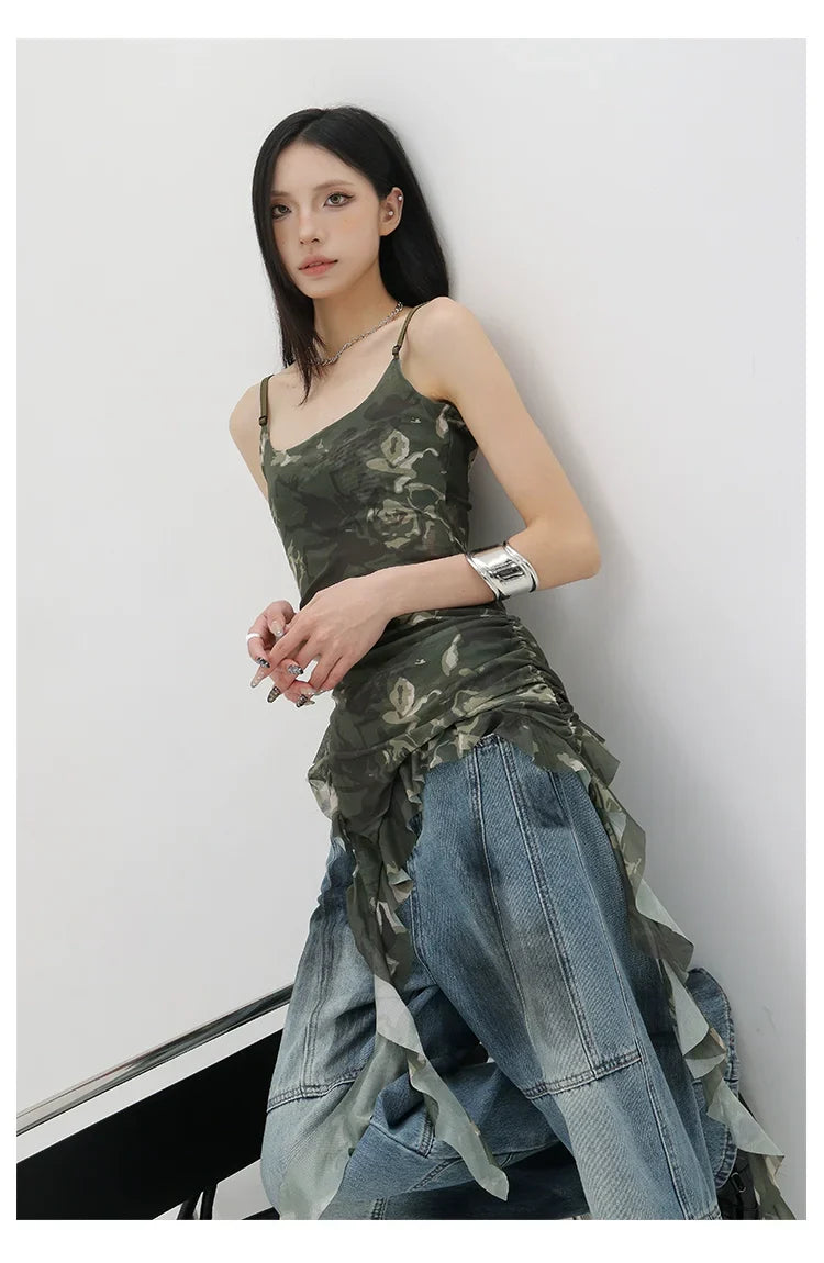 Black Asymmetric Ribbon Strap Tank Top With Ruffle Edge Design