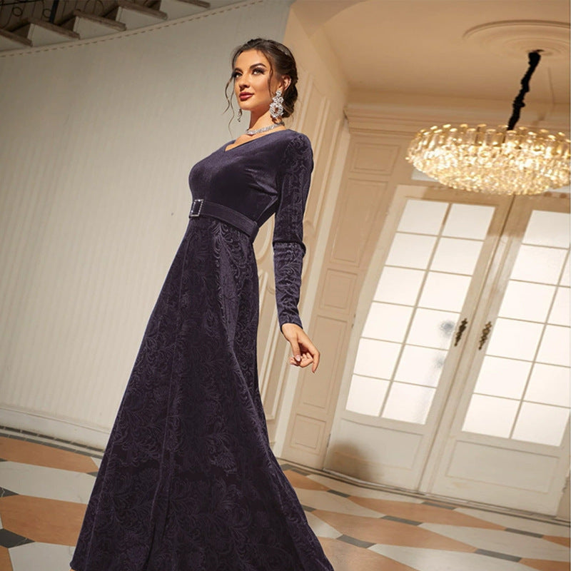 V neck Long Sleeve High Waist Lace up Velvet Elegant Dress