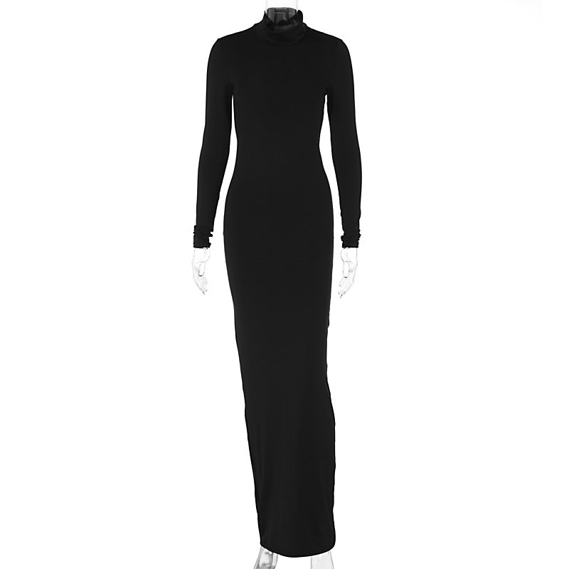 High Collar Long Sleeve Backless Slim Fit Maxi Dress Print Dress