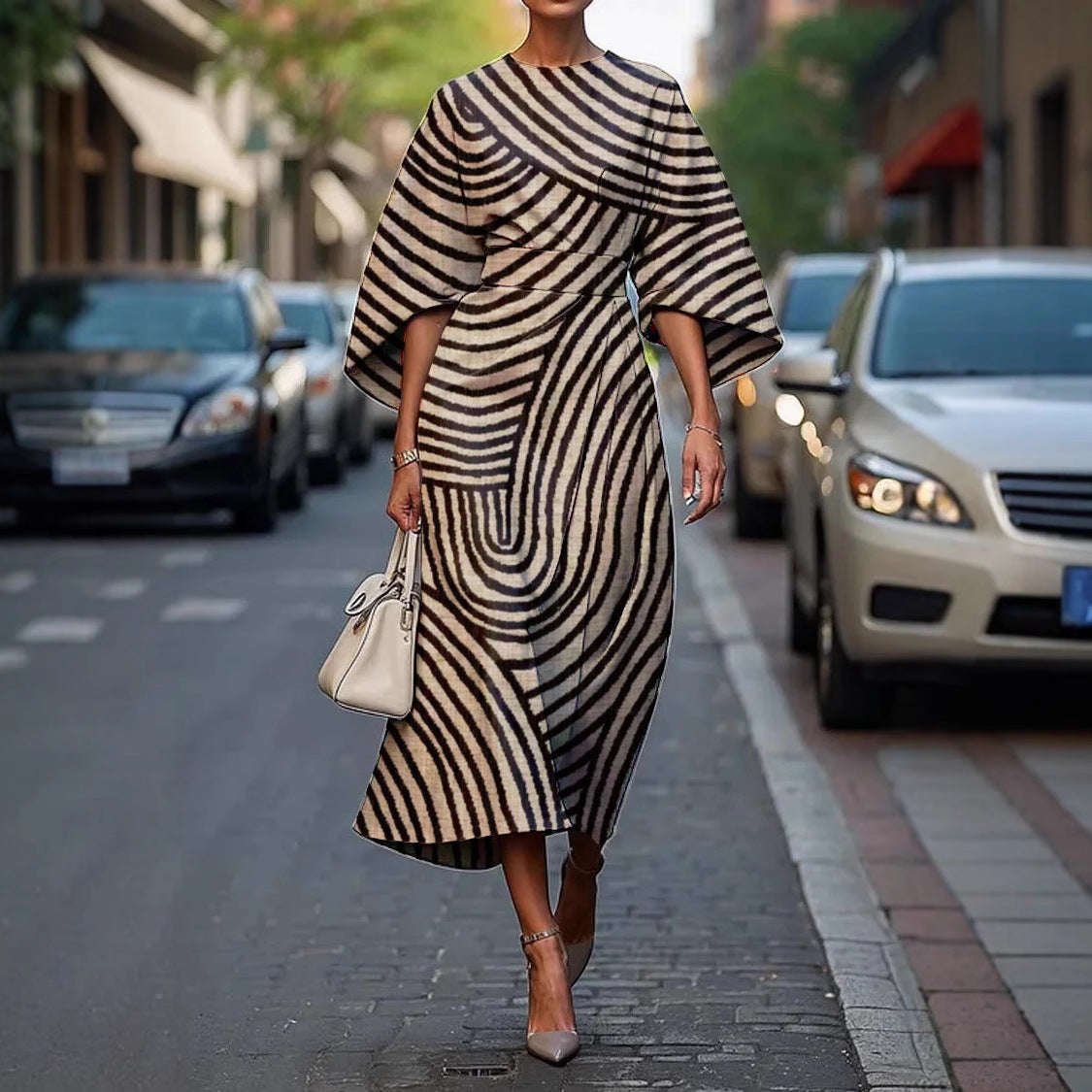 Round Neck Flare Sleeve Abstract Stripe Print A-Line Midi Dress