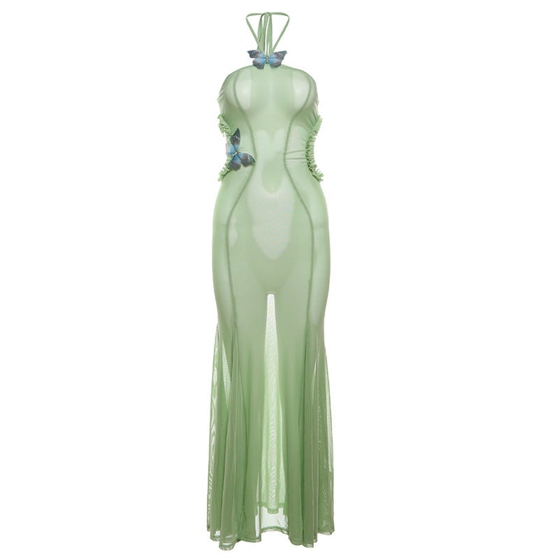 Vacation Design Butterfly Halter Backless Hollow Out Cutout Slim Dress