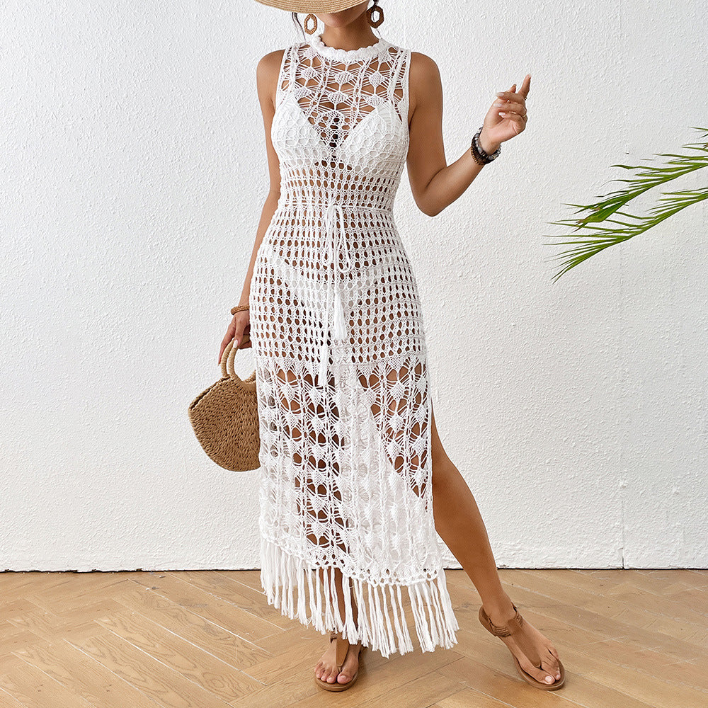 Women Cover up Hollow Out Cutout Floral Beach Dress Waist Trimming Lace up Tassel Maxi Dress Beach Dress