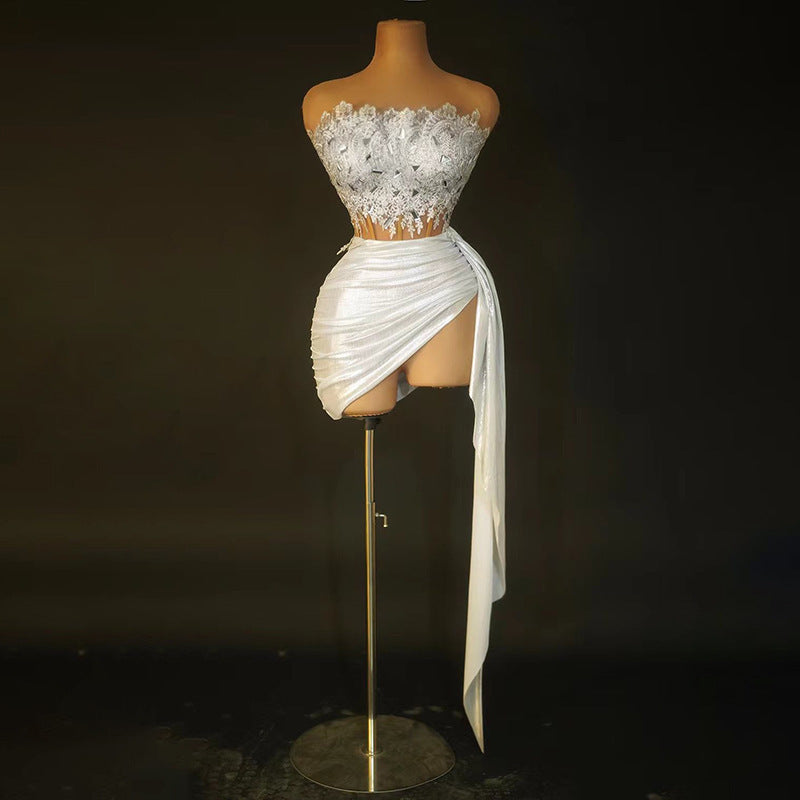 Strapless Crystal Fringe Ruched High Slit Two Piece Set