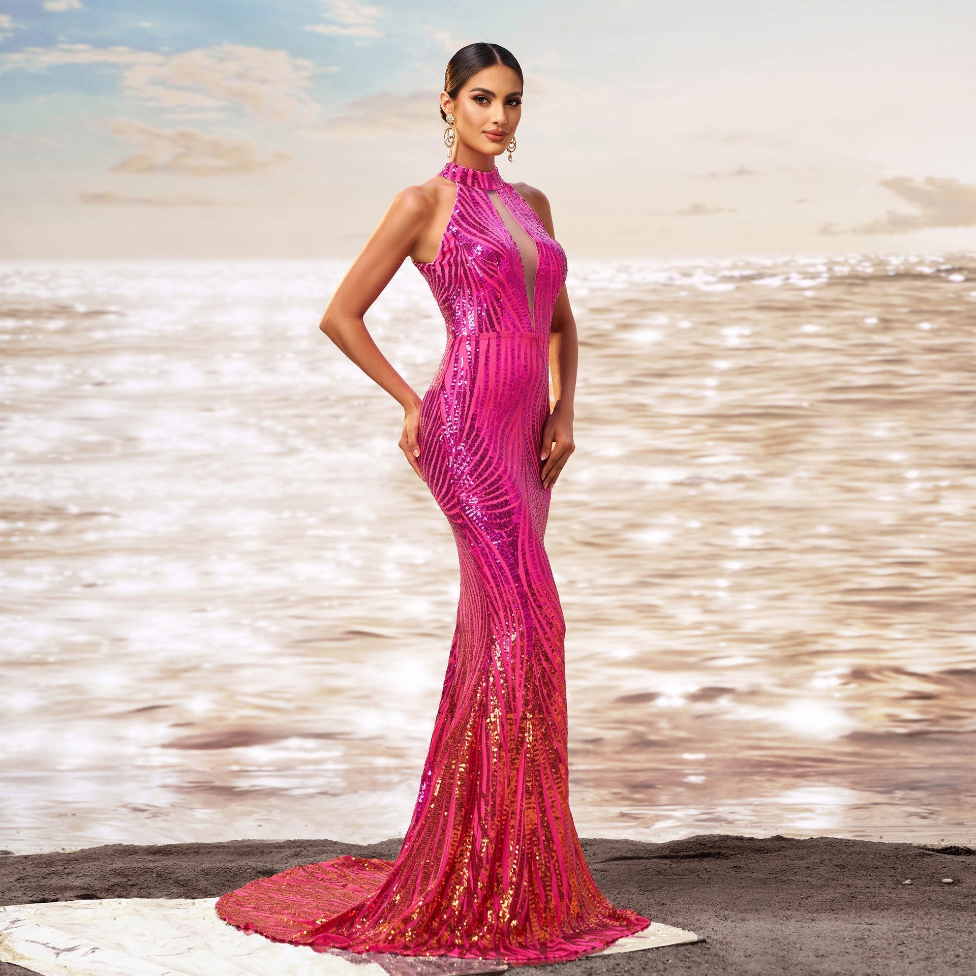 Pink Halter Neck Keyhole Sequin Mermaid Maxi Gown
