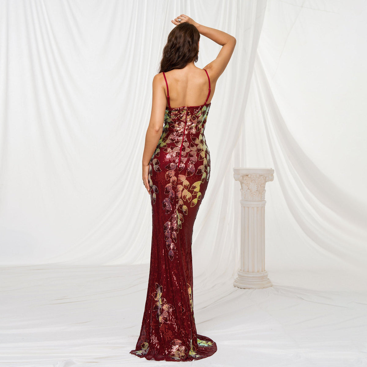Red Spaghetti Strap Floral Sequin Mermaid Maxi Gown
