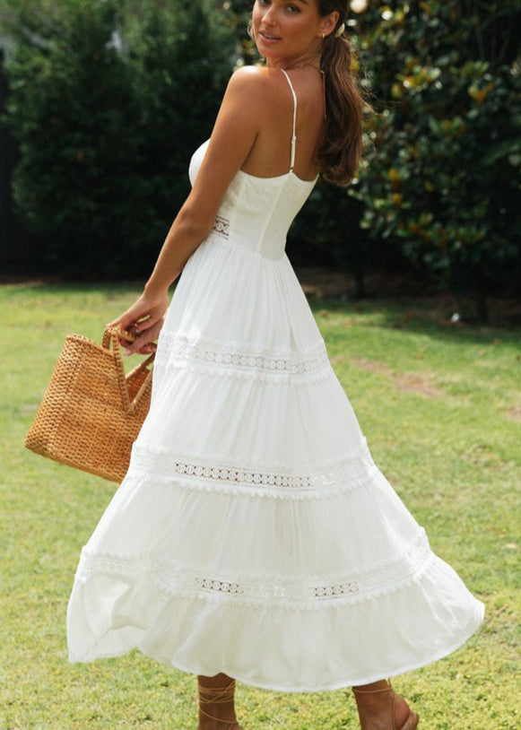 Aurelia Lace Trim Maxi Dress White Smocked Sundress with Adjustable Straps